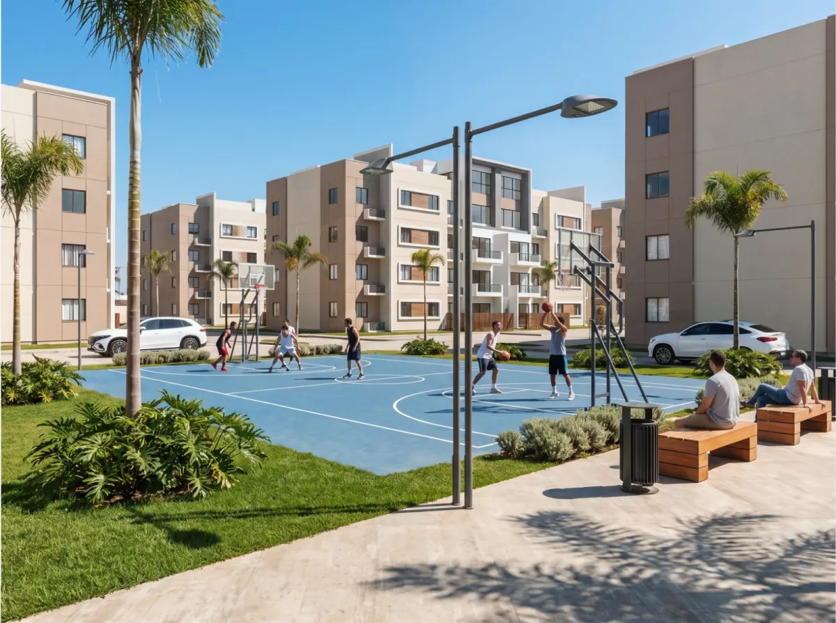 Cancha de baloncesto entre los edificios