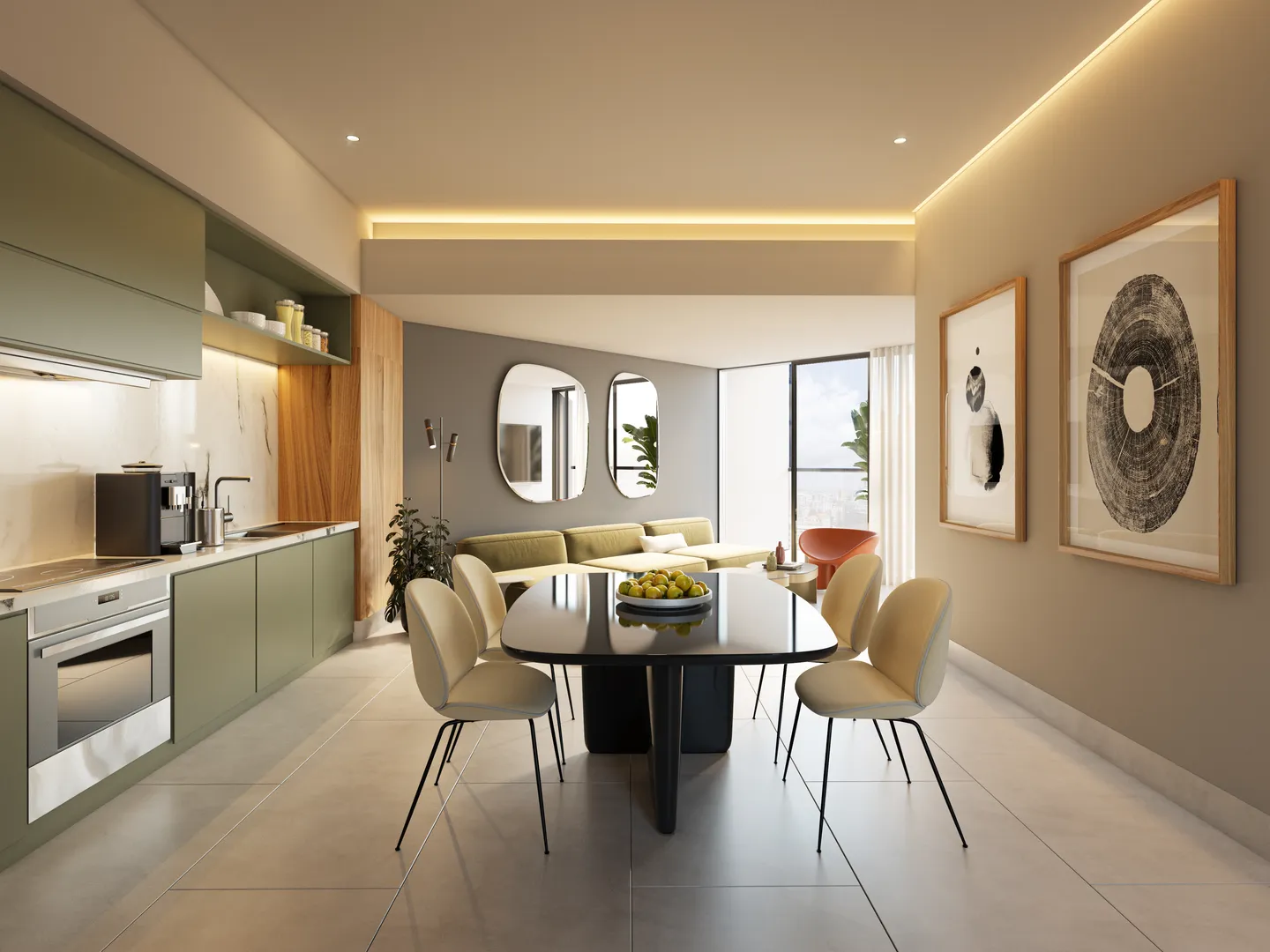 Cocina y comedor de una residencia con gabinetes verdes