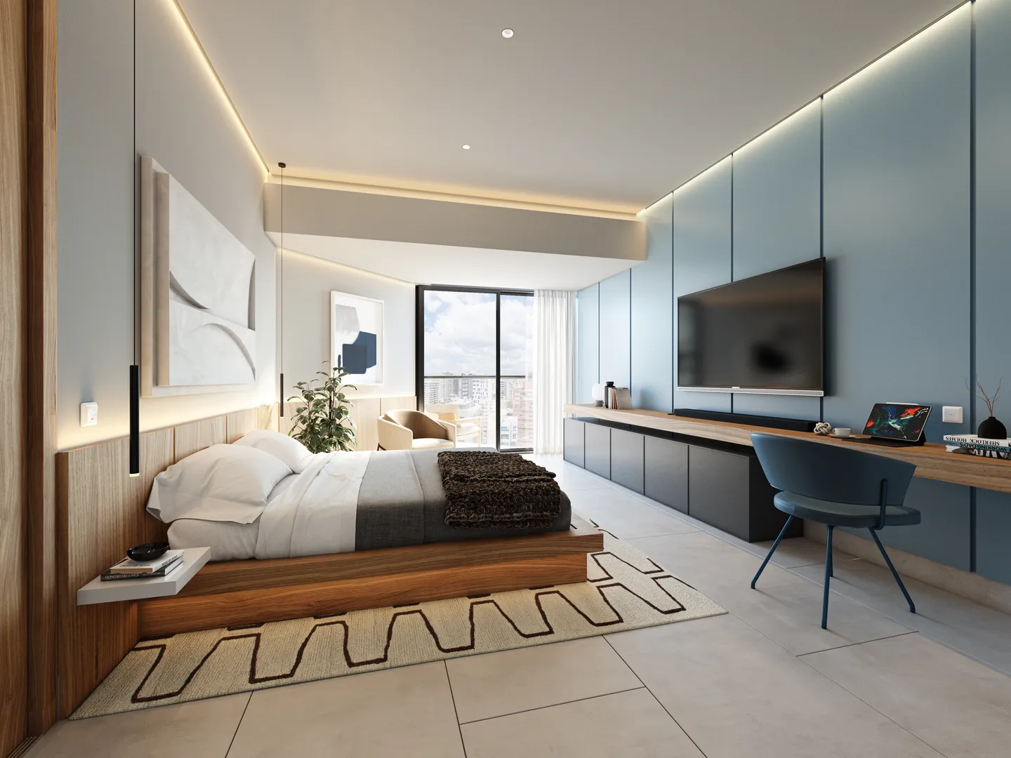 Habitación principal con cama, escritorio y pared azul