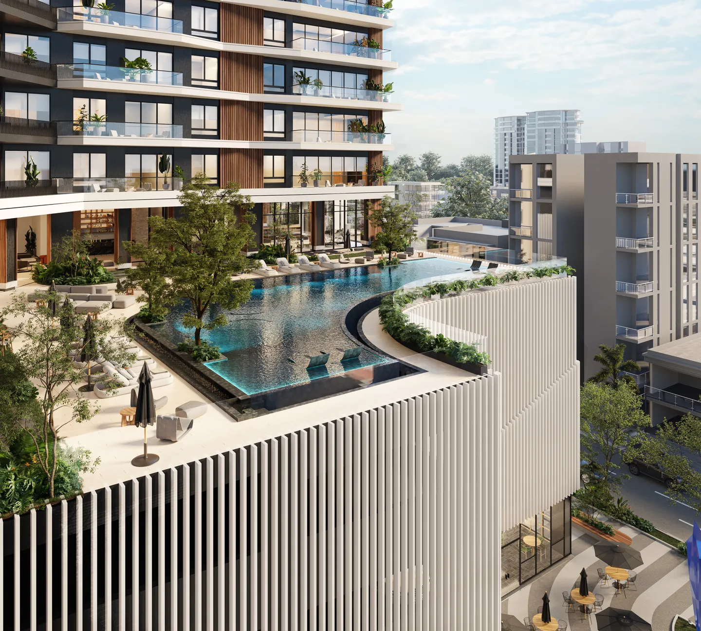 Piscina infinita del nivel social de Torre Parkside vista desde arriba