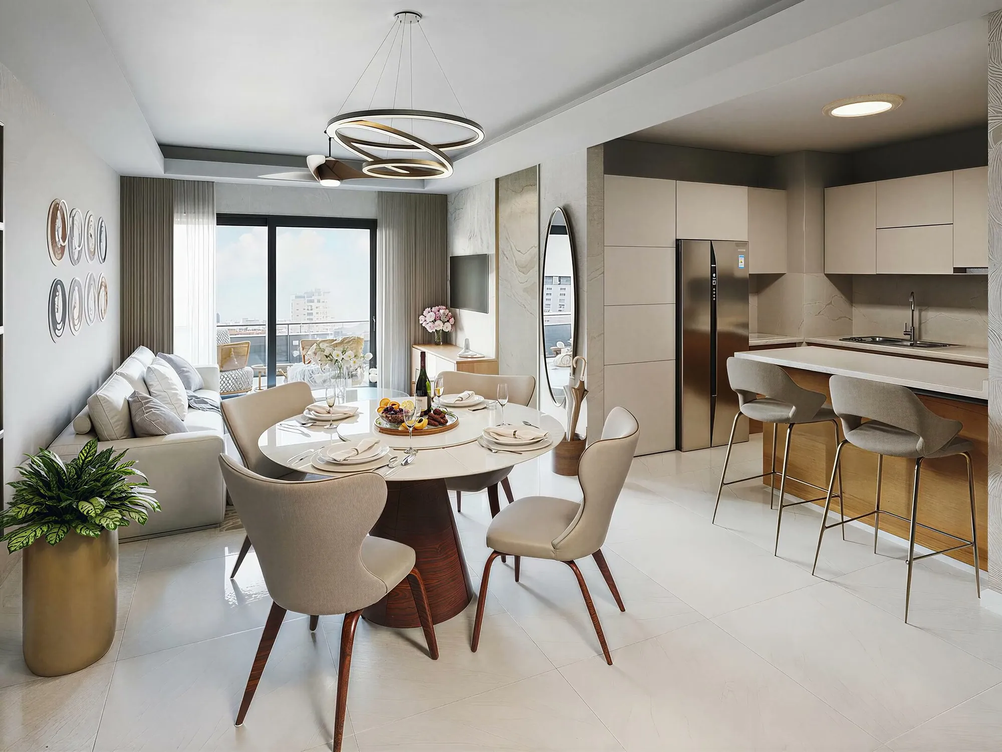 Sala, comedor redondo y cocina abierta con isla de una residencia de Brisas de las Colinas 6
