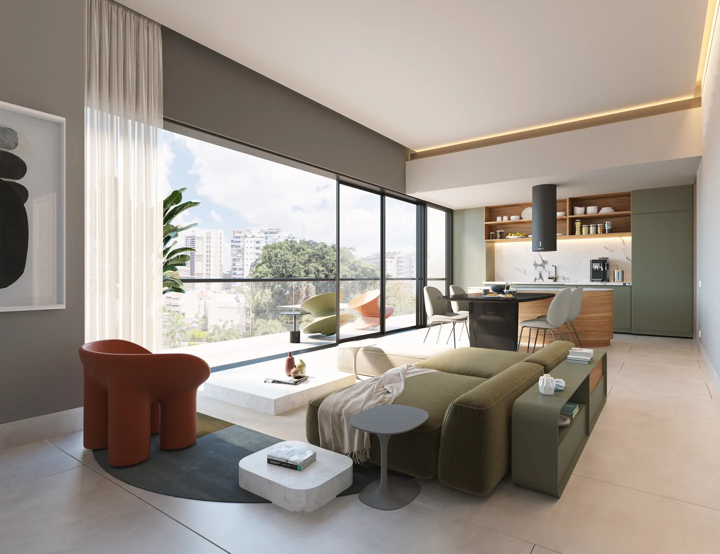 Sala de una residencia de Torre Parkside con ventanal de piso a techo hacia las copas de los árboles
