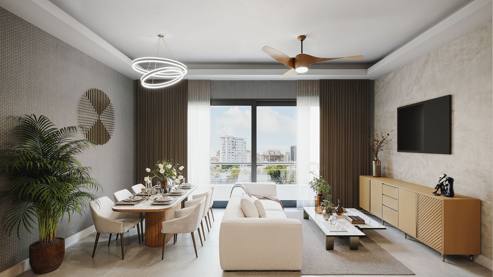 Sala y comedor de la tipología B con ventanal, abanico de techo y mueble de madera
