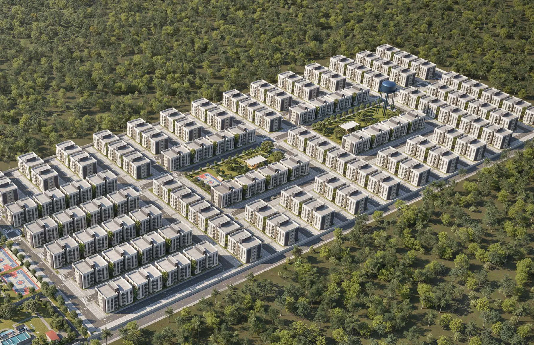 Vista aérea del residencial Brisas de las Colinas 7 rodeado de vegetación